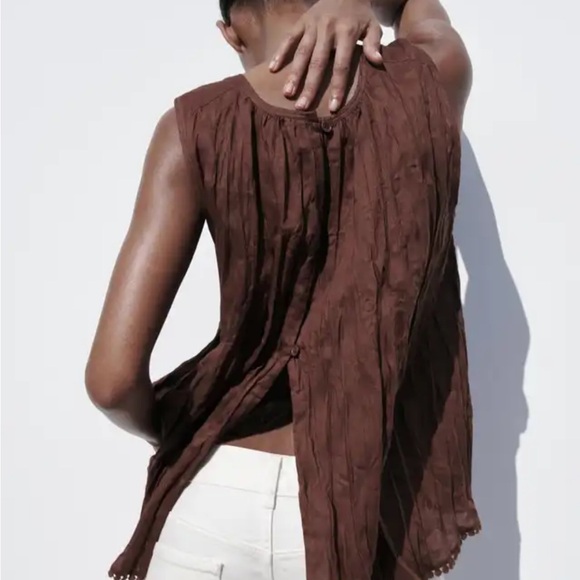 Zara Brown ramie passementerie boho Sleeveless buttoned back Blouse top - Picture 6 of 15